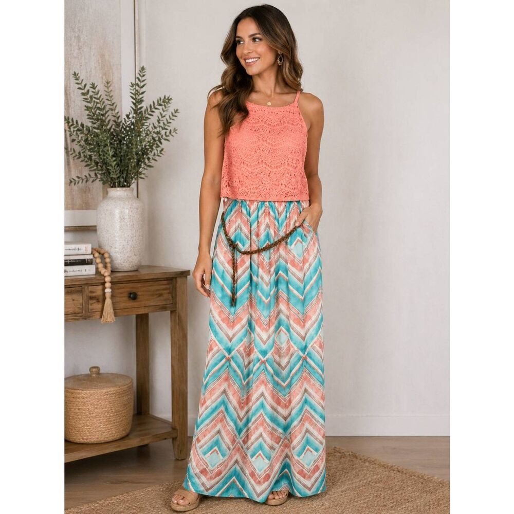 Rue21 Coral Lace Chevron Maxi Dress Belt M